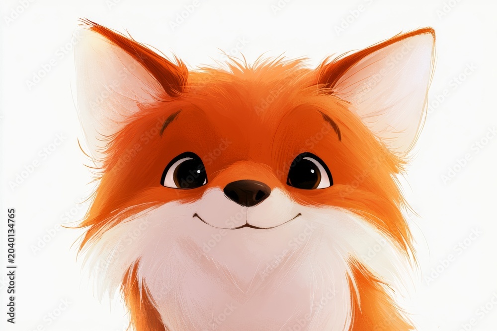 Fototapeta premium Cute cartoon fox with bright orange fur and big eyes smiling happily against a simple white background