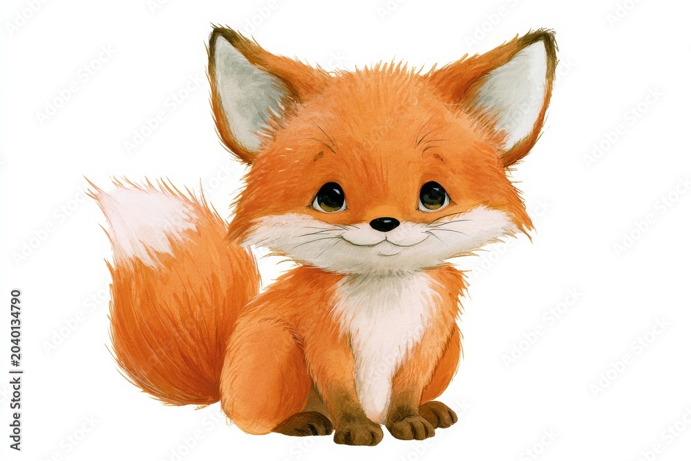 Fototapeta premium Cute fox character sitting and looking at the viewer with a happy expression in a simple cartoon style during daylight