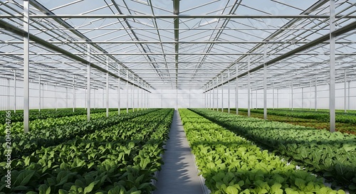 Принти на полотні Interior of a modern glass greenhouse used for farming nampa idaho with rows of fresh green leafy vegetables growing in a sustainable hydroponic agricultural system