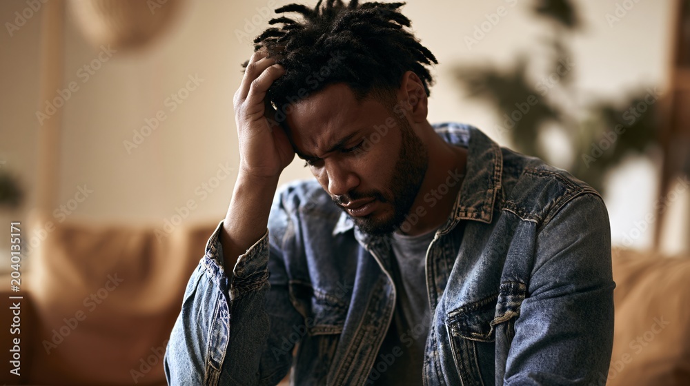 Obraz premium Stressed Young Man Holding Head on Couch - Emotional Distress Concept