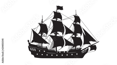Schilderij op canvas Sailing Ship With Jolly Roger Flag Black Silhouette