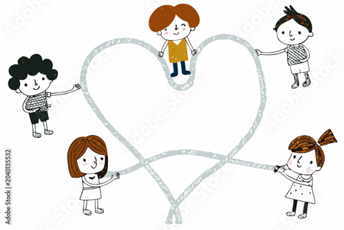 Fotografija Children Holding A Heart Shape Hand Drawn Vector Illustration