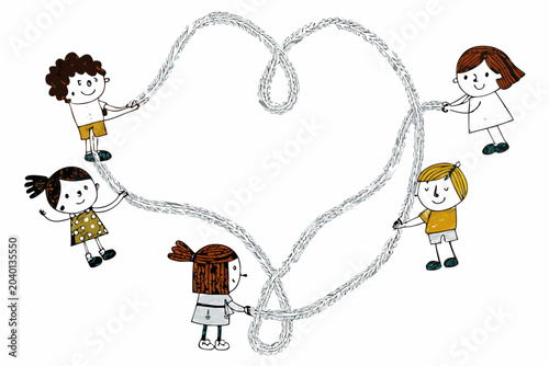 Slika na platnu Children Holding Rope Form A Heart Shape Vector Illustration