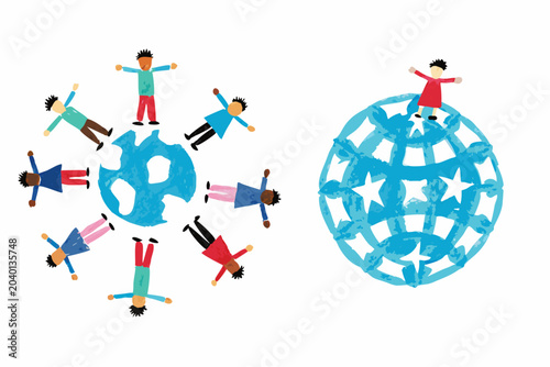 Fotografie Stylized Figures Around A Globe Watercolor Illustration On White Background