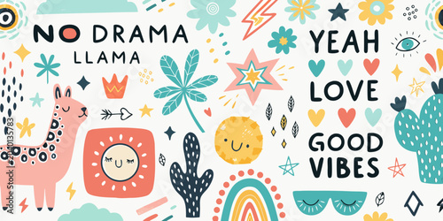 Photos Floral Ornament And Lettering Pattern With Llamas A Colorful Vector Illustration