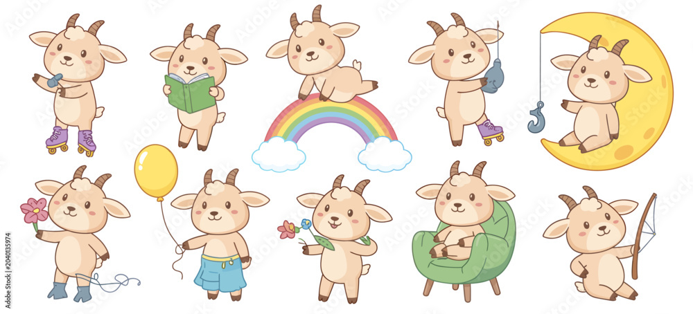 Fototapeta premium Cute cartoon goat characters set whimsical illustrations for children's designs