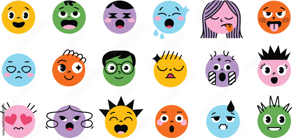 Obraz premium Diverse collection of playful cartoon face emoticons and expressions