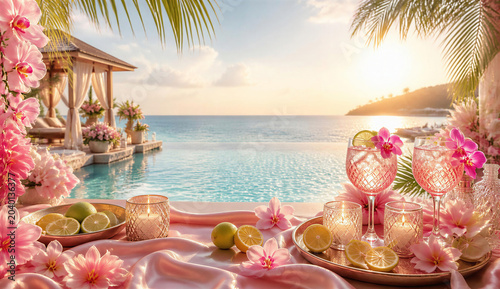 A table adorned with pink flowers and a glass of wine, set beside a serene pool.