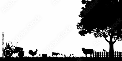 Photos Black Silhouette Illustration Of A Complete Farm Scene With Trees And Animals
