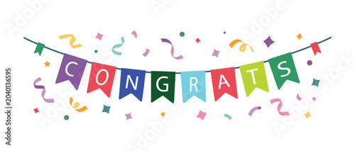 Tableau sur toile Colorful Congrats Banner with Confetti: A festive garland spelling Congrats adorned with flying confetti and streamers