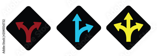 Fotografi Traffic Direction Signs: Three directional traffic signs indicating different routes and choices