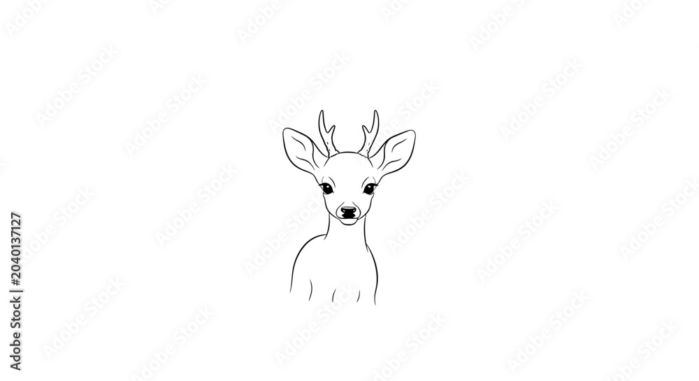 Fototapeta premium A black and white line art sketch depicts a baby deer with small antlers on a white background.
