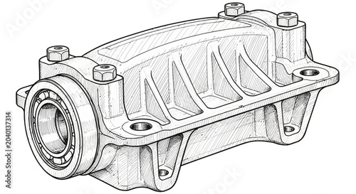 Photos A detailed black and white line art sketch shows a camshaft bearing cap on a white background