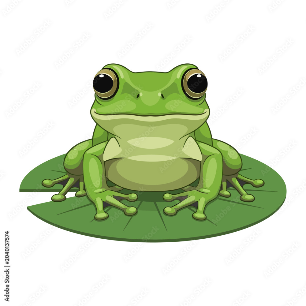 Obraz premium Cute green frog sitting on a lily pad, vector illustration, cartoon style