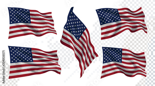 Bild auf Leinwand Realistic waving American flag vector set, 3D fluttering USA national flags isol