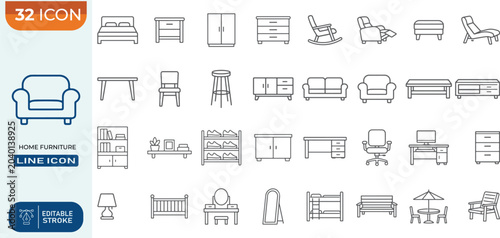 Home Furniture Line Icon Set with Sofa Bed Table Chair Cabinet and Interior Symbols