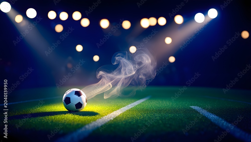 Naklejka premium Soccer Ball on a Green Stadium Field Ready for the Match