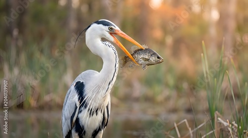 Grey Heron catching a fish in a wetland environment with a close-up profile view showing the bird's beak and the prey during a warm golden hour with a soft blurred natural background.
