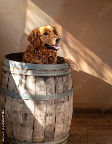 Golden retriever puppy sitting in metal bucket.