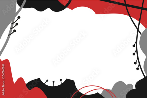 Frame background. Modern wavy border with copy space center. Minimalist vector banner illustration abstract fluid shapes line art in bright red black gray color
