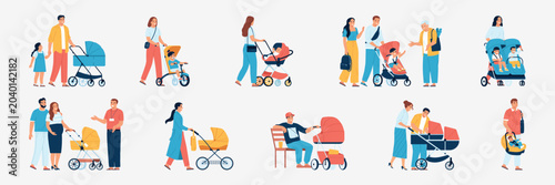 Photos Parents with Baby Strollers and Prams Vector Character Set.
