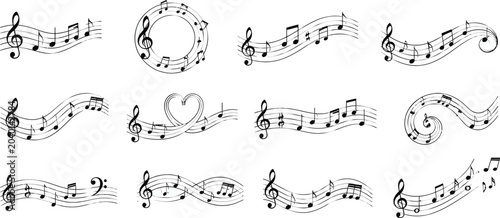 Tableau sur toile Musical Notes and Staff Swirl Elements Vector Collection