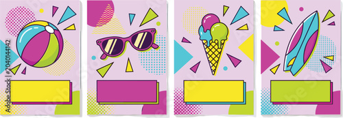 Bild auf Leinwand Retro 80s 90s pop art summer poster vector set, memphis style beach vacation car
