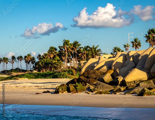 Tropical beach with palm trees and clear blue water.