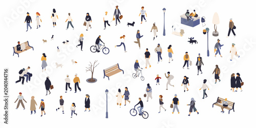 People And Street Furniture Vector Illustration Collection On White Background