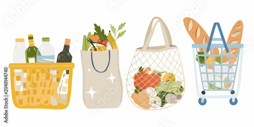 Photos Grocery Shopping Collection Flat Vector Illustration With Food Items And Bags