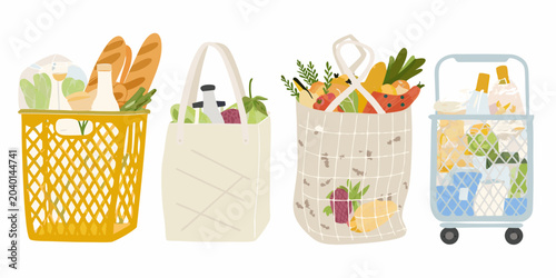 Tableau sur toile Grocery Shopping Collection Flat Vector Illustration With Bags And Carts