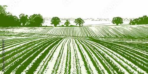 Canvastavla Plowed field landscape illustration with trees green and white tones
