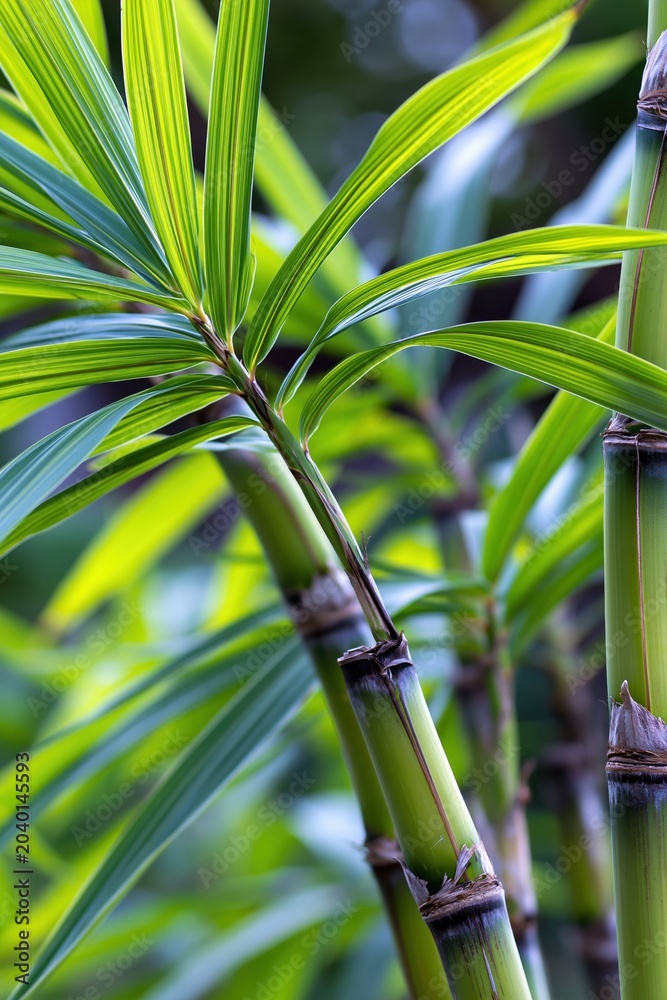 Fototapeta premium Sugar Cane Plants Growing in Garden With Green Leaves and Space for Text