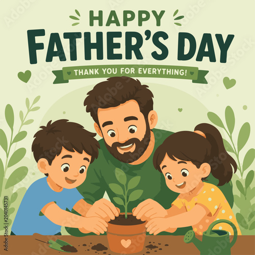 Charming Father’s Day vector artwork featuring a father gardening with two children