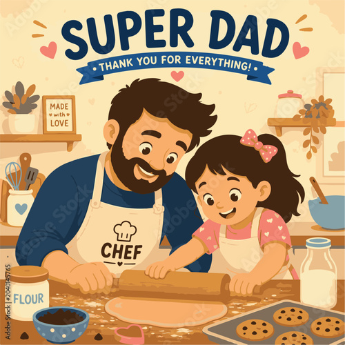 Adorable Father’s Day illustration showing a father wearing a chef apron while baking with his daughter
