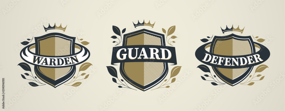 Fototapeta premium Heraldic shield symbol representing protection set, security reliability, inspired by defense systems, safety services and trust-based organizations.