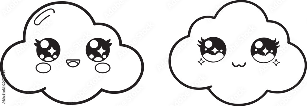 Fototapeta premium Two cute cartoon clouds with faces, eyes, and mouths, expressing happiness and joy