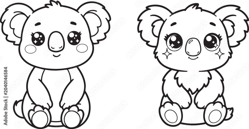 Obraz premium Adorable cartoon koala bear illustration, sitting and smiling, black and white line art