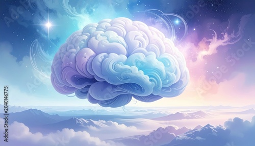 Surreal image depicts a brain-shaped cloud floating in a vibrant pastel sky
