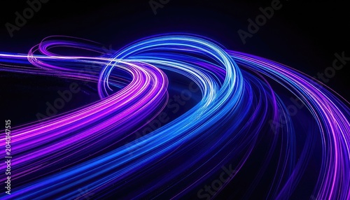 Abstract swirling light trails in neon blue and purple on a dark background.