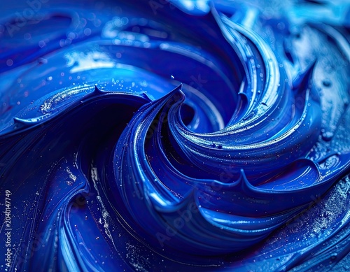 A vibrant close-up of swirling deep blue paint with shimmering particles.
