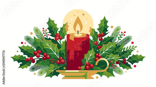 Christmas Candle with Holly Decoration.