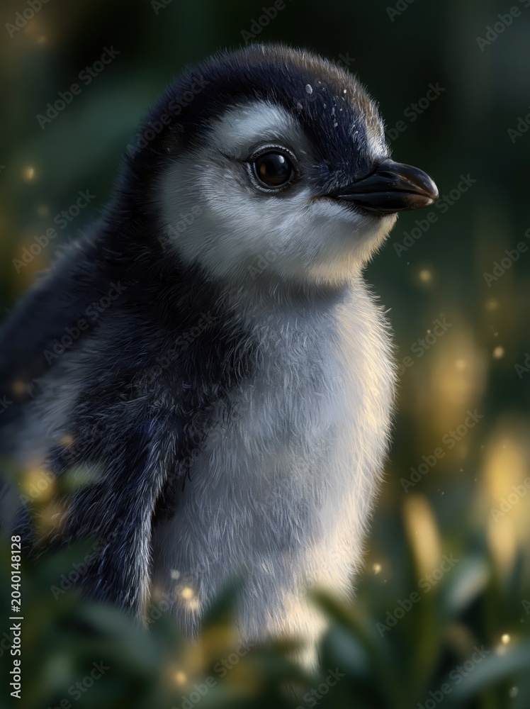Fototapeta premium Baby Penguin With Soft Eyes Looking Around in a Natural Setting at Dusk