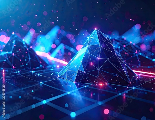 Abstract 3D Geometric Network with Neon Lights and Bokeh Effects