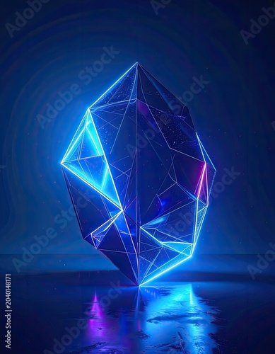 A geometric crystal sculpture illuminated by neon blue and pink light.