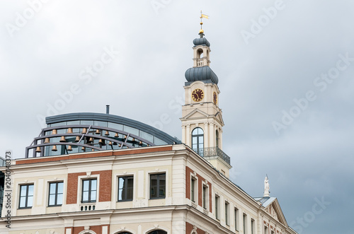 The clock tower of Riga City Hall in Riga, Latvia. Historic architectural landmark located in the heart of the Old Town.