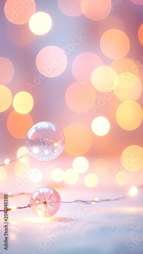 Soft bokeh lights illuminate delicate glass orbs with a festive glow.