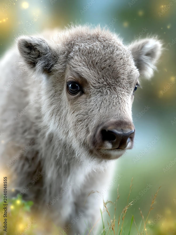 Obraz premium Baby Wisent With Soft Eyes Standing in a Grassy Field During Daylight