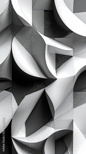 An abstract grayscale image featuring a dynamic pattern of overlapping curved and geometric shapes with strong light and shadow.