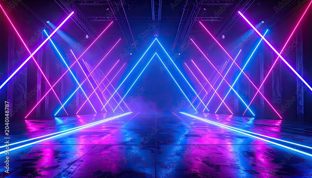 Fototapeta premium An empty concert stage illuminated by bright neon lights.